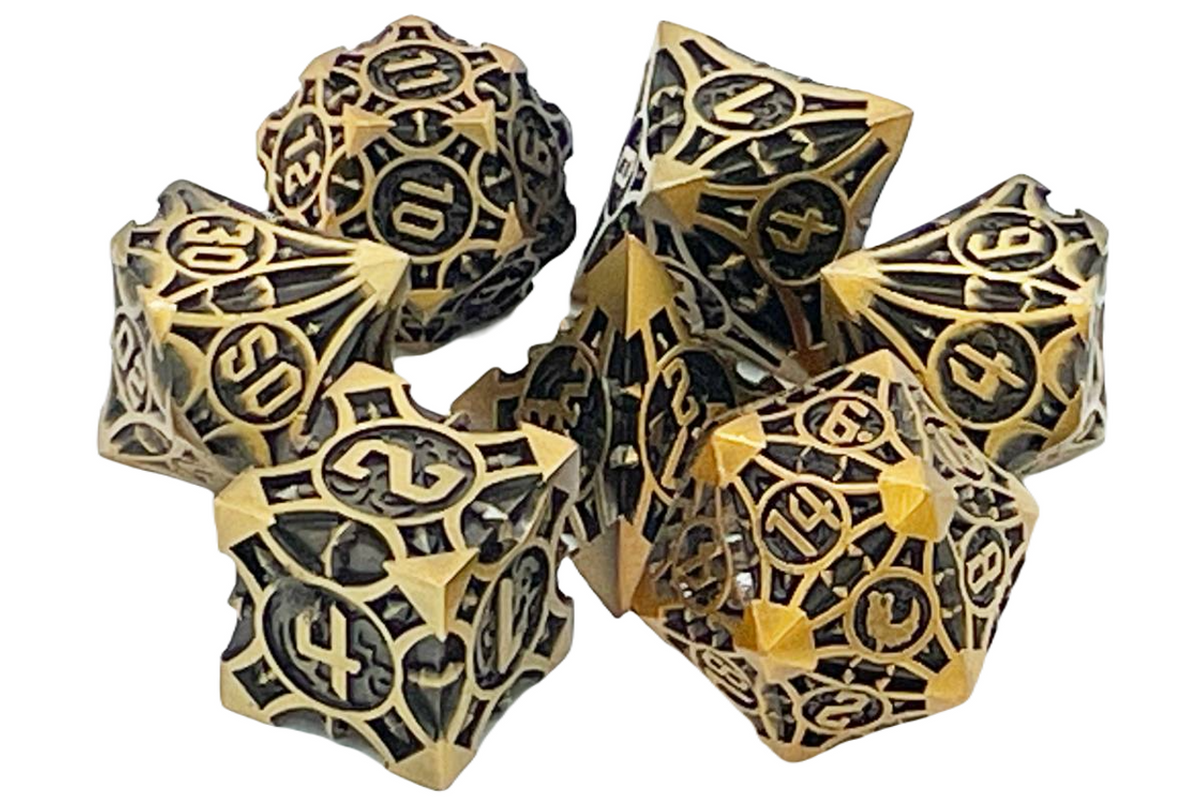 Old School 7 Piece DnD RPG Metal Dice Set: Gnome Forged - Ancient Gold ...